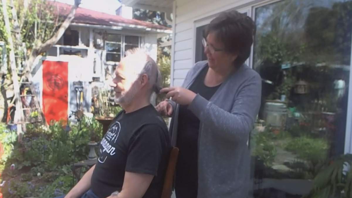 Frithjof Petscheleit gets an at-home haircut as part of the Haircuts for Health Care fundraiser to benefit Okanagan College.