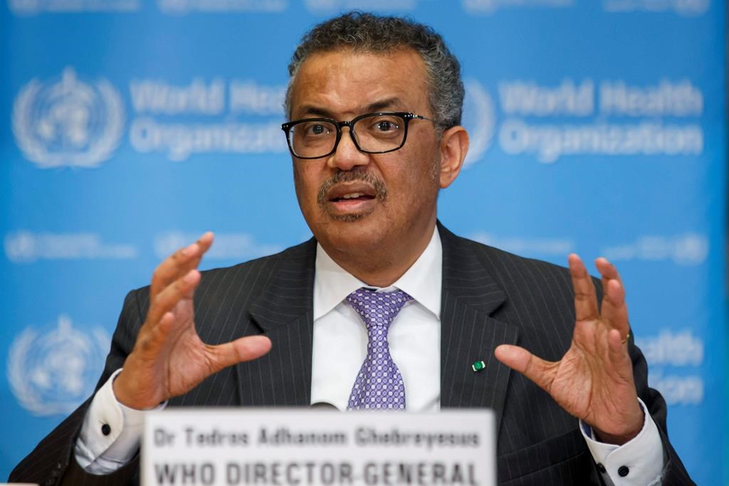 FILE - In this Monday, March 9, 2020 file photo, Tedros Adhanom Ghebreyesus, Director General of the World Health Organization speaks during a news conference on updates regarding on the novel coronavirus COVID-19, at the WHO headquarters in Geneva, Switzerland.