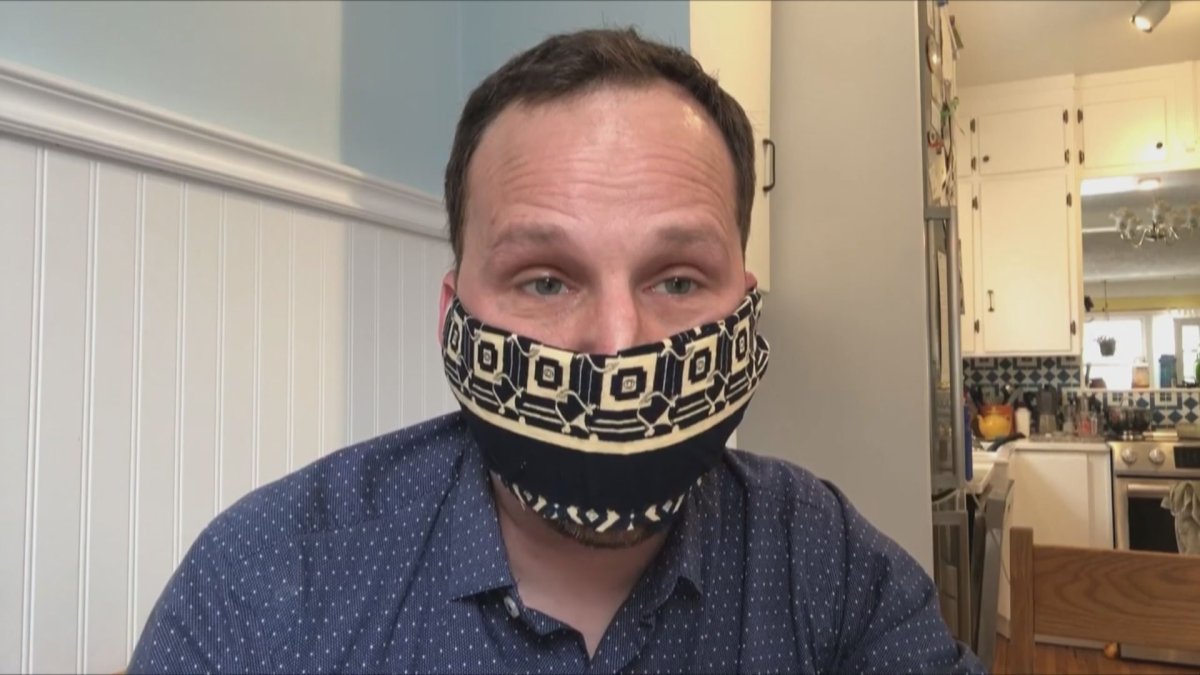 Saskatchewan NDP leader Ryan Meili made his mask from household products including rubber bands, paper towels and cotton cloth.