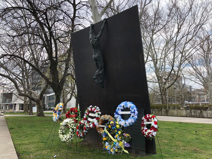 Wreaths laid upon the National Day of Mourning monument located at Main Street West and Bay Street in Hamilton Ont. in 2020.