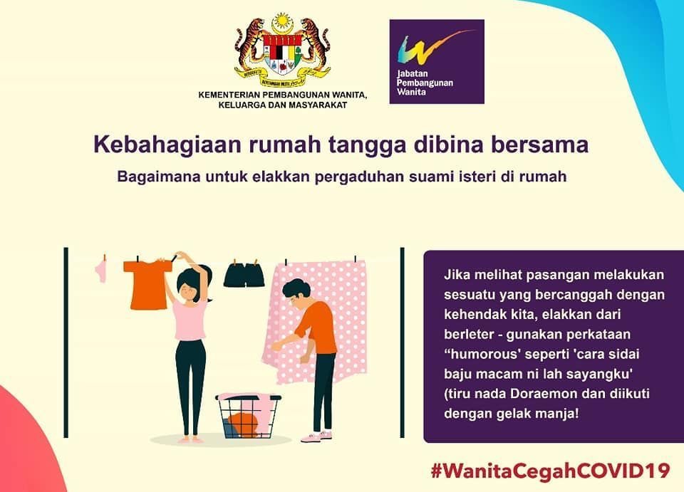 A Malaysian government poster encourages women to be funny instead of “nagging” their husbands.