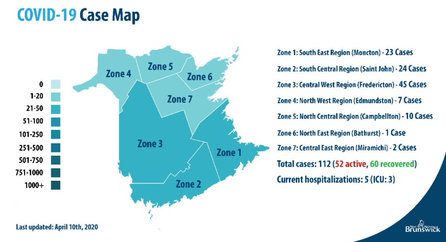 A breakdown of where COVID-19 cases have been identified in New Brunswick for Friday, April 10, 2020.