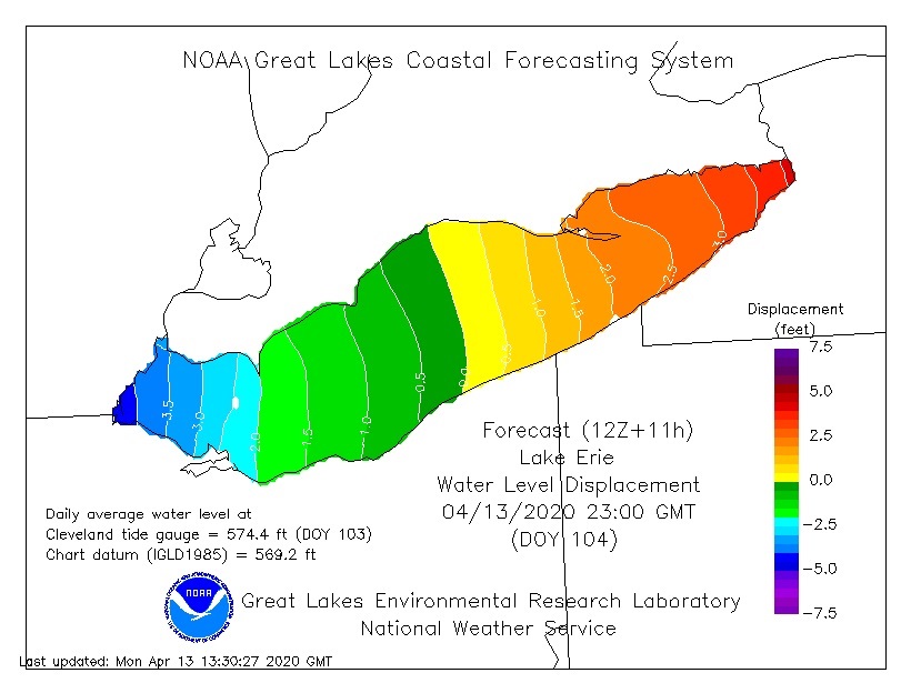 Water level displacement, measured in feet, expected in Lake Erie around 7 p.m. ET Monday night.