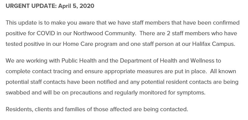 Letter from Northwood Continuing Care concerning staff members testing positive for COVID-19.