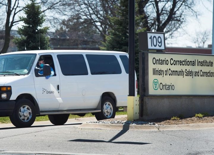 A Ontario transportation van leaves the Ontario Correctional Institute in Brampton on Monday, April 20, 2020.