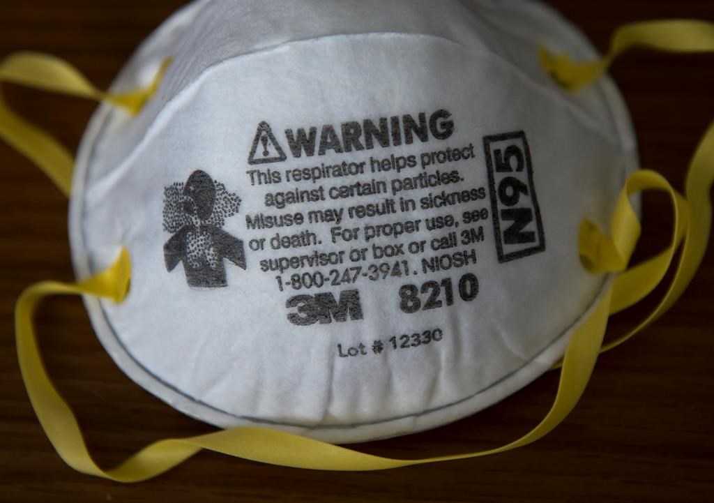 A 3M mask which health care workers are in dire need of is shown in Mississauga, Ont., on Friday, April 3, 2020. Health officials and the government has asks that people stay inside to help curb the spread of the coronavirus also known as COVID-19. THE CANADIAN PRESS/Nathan Denette.