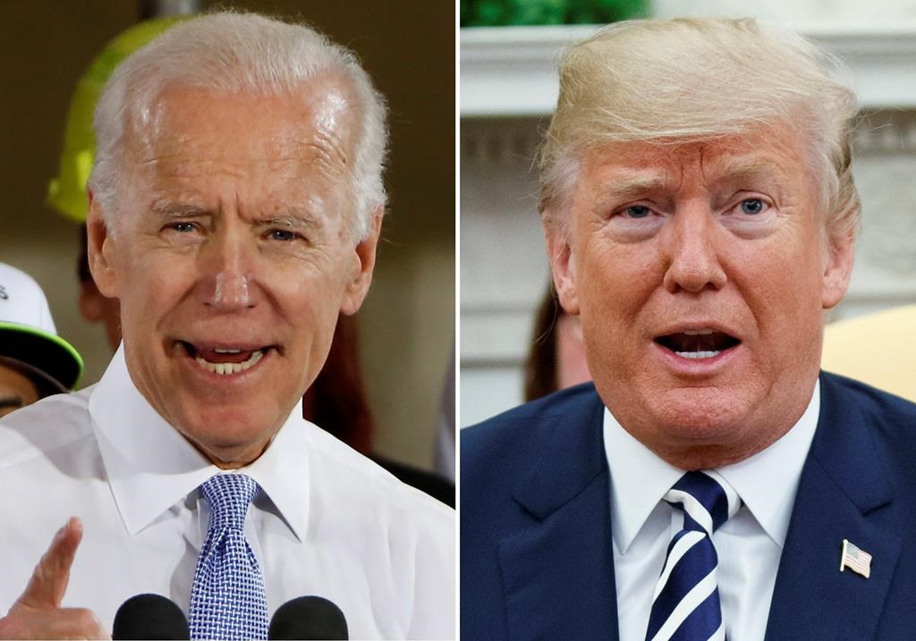FILE - In this combination of file photos, former Vice President Joe Biden speaks in Collier, Pa., on March 6, 2018, and President Donald Trump speaks in the Oval Office of the White House in Washington on March 20, 2018. For a moment, West Virginia looked like it was going to be the only state in the country to allow betting on the presidential election. The short-lived play by bookmaker giant FanDuel was approved by the state lottery board. But it was announced and nixed within the span of about two hours Tuesday, April 7, 2020 in a bizarre sequence that appeared to baffle top government officials. Republican Gov. Jim Justice said it was ridiculous and he didn't know why the lottery commission would approve such a deal. (AP Photo).