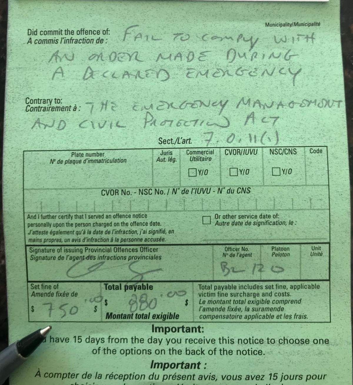 The ticket for $880 ($750 plus surcharges) issued to the Nelson family by an Oakville, Ont. by-law officer.