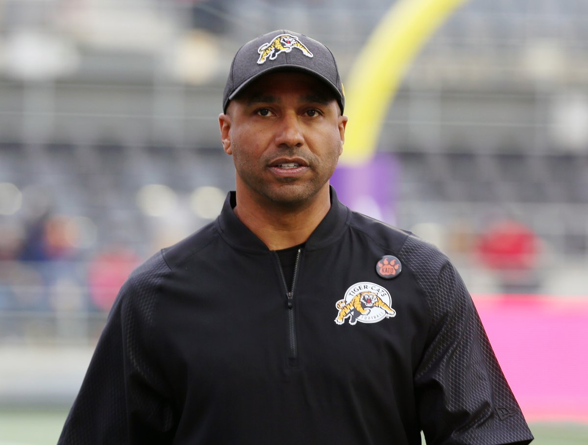 Orlondo Steinauer, head coach for the Hamilton Tiger-Cats, is shown prior to a CFL game.