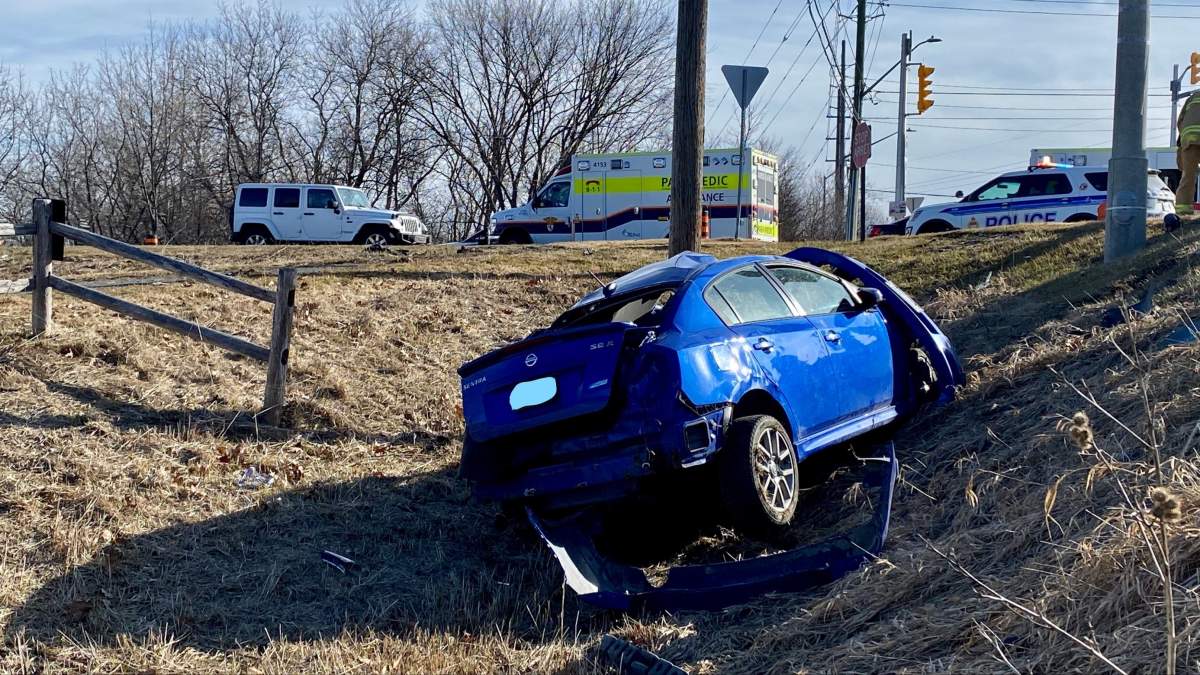 Ottawa paramedics say three men were seriously injured and taken to hospital after this car crashed at the intersection of Bearbrook Road and St. Joseph Boulevard in the city's east end. 