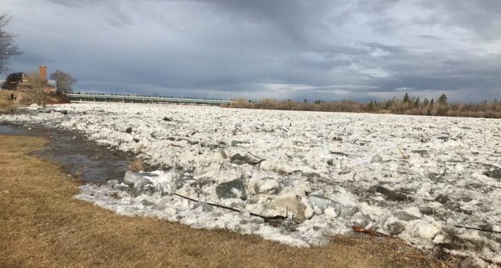 Ice on the North Saskatchewan River breaking up in April 2020. The WSA said there is an elevated risk of a dynamic ice breakup event in 2022 that could result in ice jamming and flooding similar to what occurred in 2020.