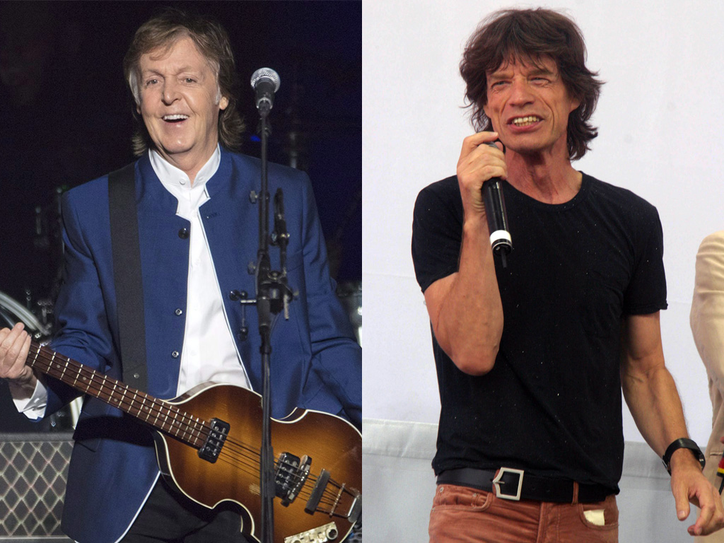 (L-R) Paul McCartney, formerly of the Beatles, and Mick Jagger of the Rolling Stones.