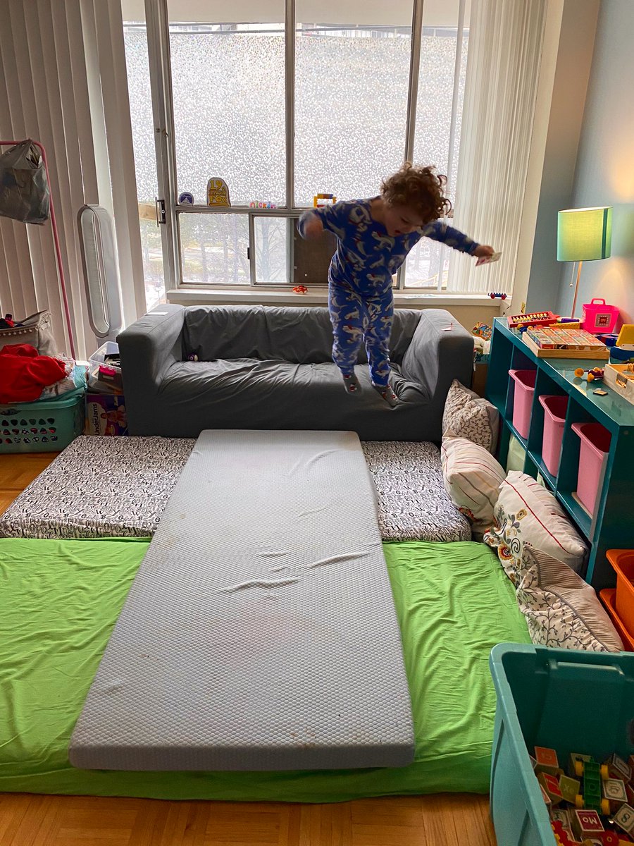 Phoenix loves the homemade trampoline in their living room. Photo courtesy of Susan Cosgrove
