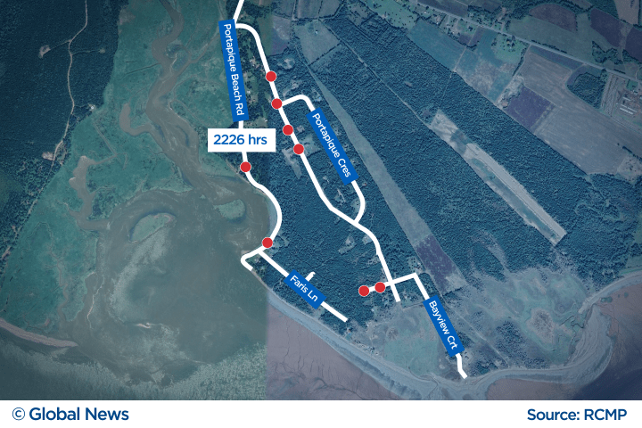 Locations where bodies were found by police following killing spree in Portapique, N.S.