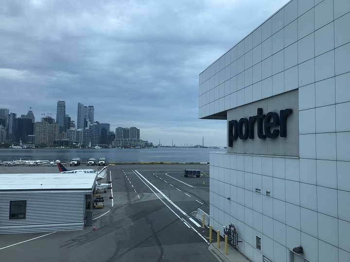 A photo of the Porter Airlines sign at Billy Bishop Airport in downtown Toronto on July 2, 2019.