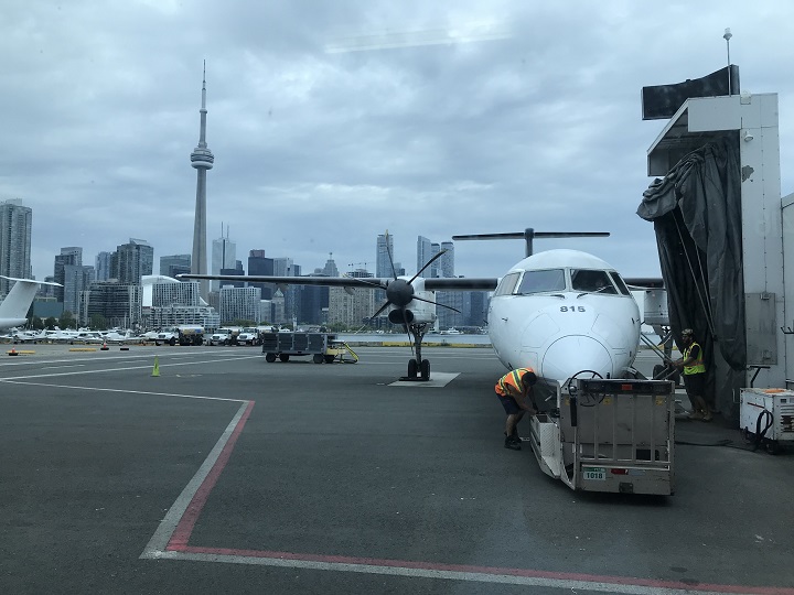 A photo of a Porter Airlines airplane at Billy Bishop Airport in downtown Toronto on July 2, 2019.