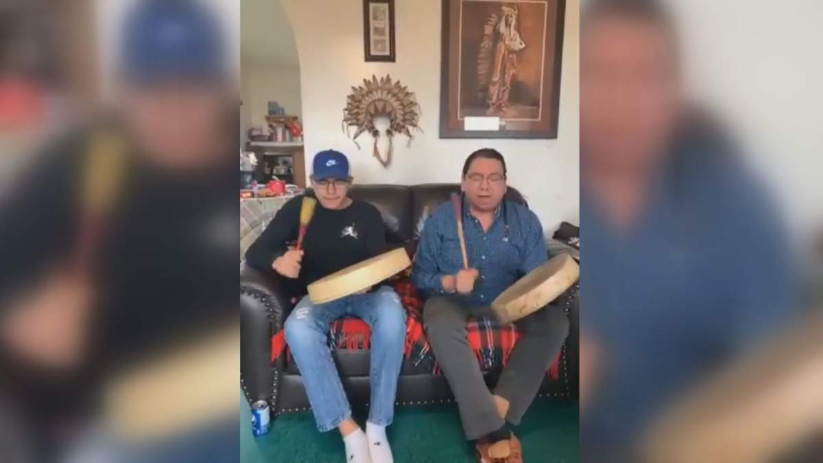 Drummers from the Siksika First Nation perform live on the Social Distance Powwow page from the safety of their home on April 25. 