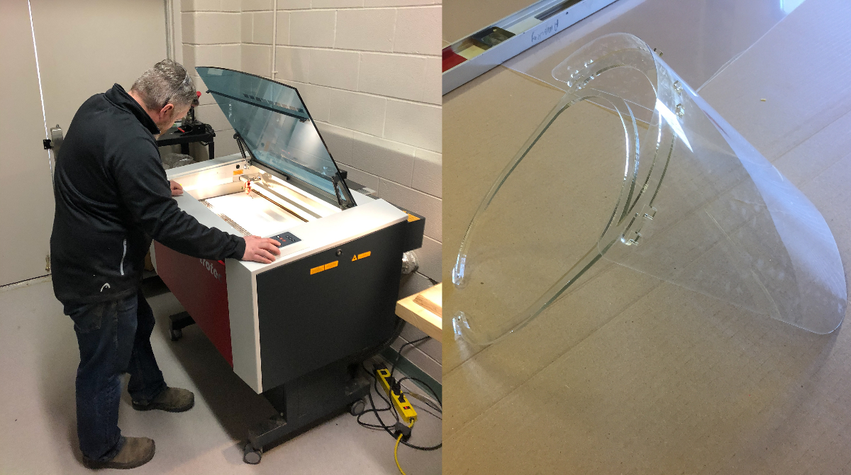 St. Mary Catholic Secondary School technology teacher Joel Kightley works on a laser cutter to
produce pieces of a protective face shield to be distribute to front-line workers in the coronavirus pandemic.