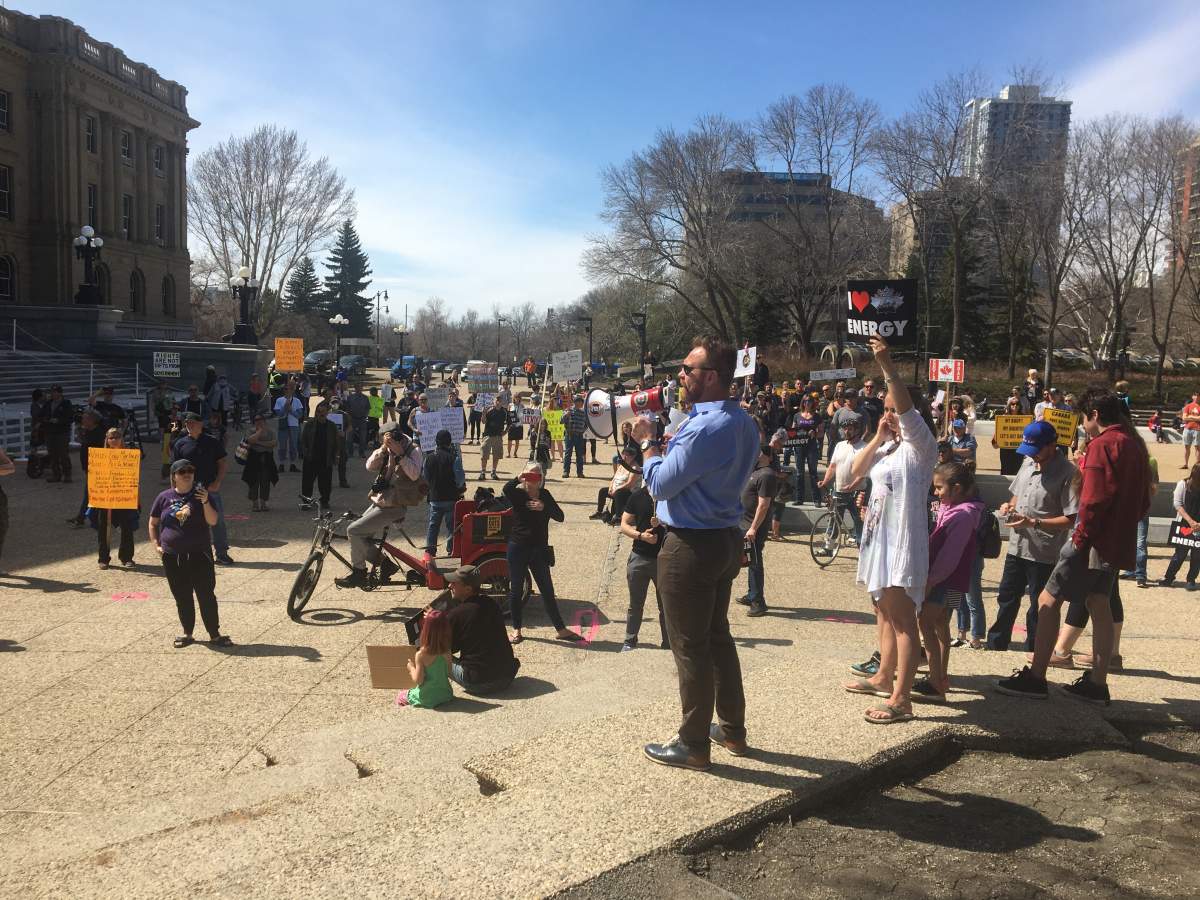 People protesting COVID-19 restrictions at the Alberta legislature on April 29, 2020