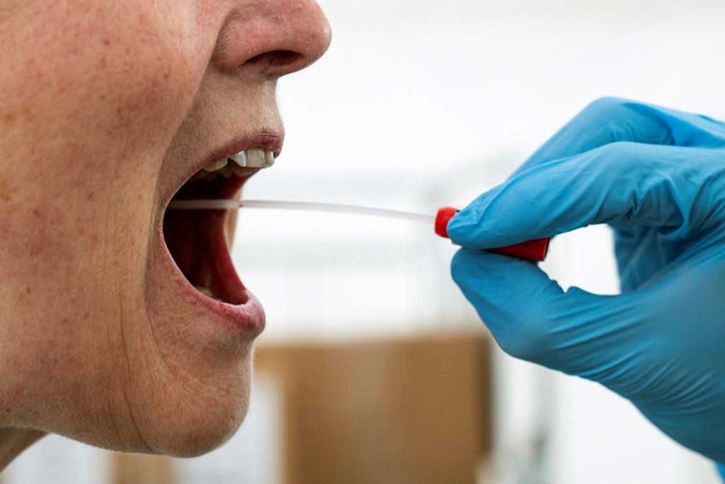 A medical worker performs a mouth swab on a patient to test for COVID-19.