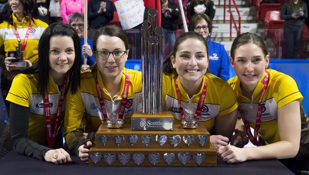 Manitoba skip Kerri Einarson, third Val Sweeting, second Shannon Birchard and lead Briane Meilleur pose with the trophy after defeating Ontario to win the Scotties Tournament of Hearts in Moose Jaw, Sask., Sunday, February 23, 2020. Curling Canada announced Thursday that the remaining national curling championships on its 2019-20 calendar have been cancelled due to the ongoing COVID-19 pandemic. THE CANADIAN PRESS/Jonathan Hayward.