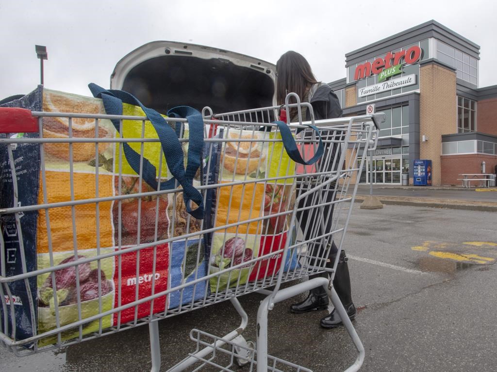 A customer loads her groceries at a Metro store Monday, April 15, 2019 in Ste-Therese, Que., north of Montreal.