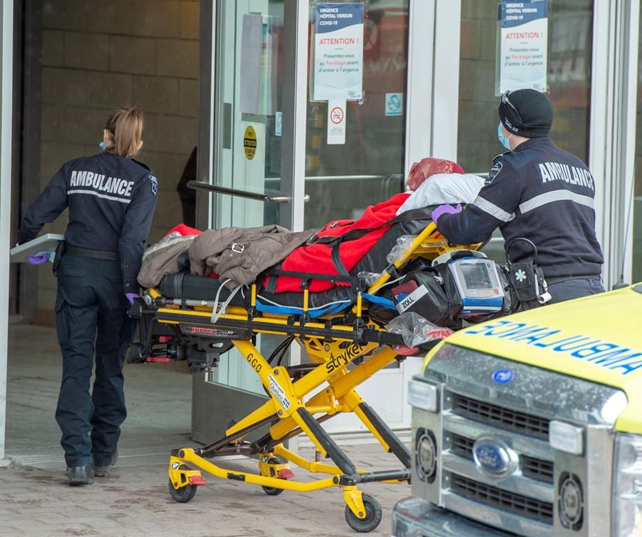A patient is brought into the emergency unit of the Verdun Hospital, Thursday April 2, 2020 in Montreal.