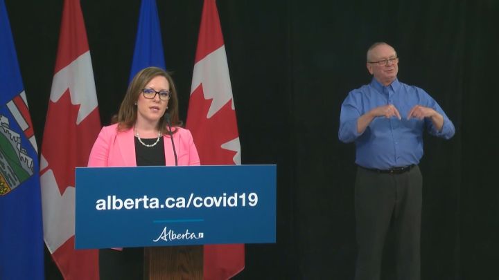 Children's Services Minister Rebecca Schulz speaks at a news conference in Edmonton on April 21, 2020.