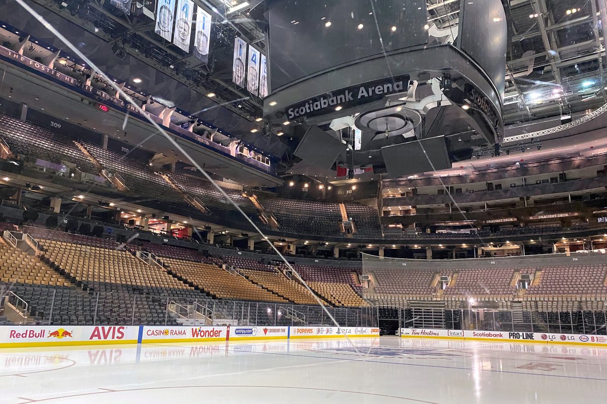 Fresh surfaced ice at Scotiabank Arena, home of the Toronto Maple Leafs, is shown on March 12, 2020 as all NHL activities remain on pause amid efforts to contain the spread of COVID-19.