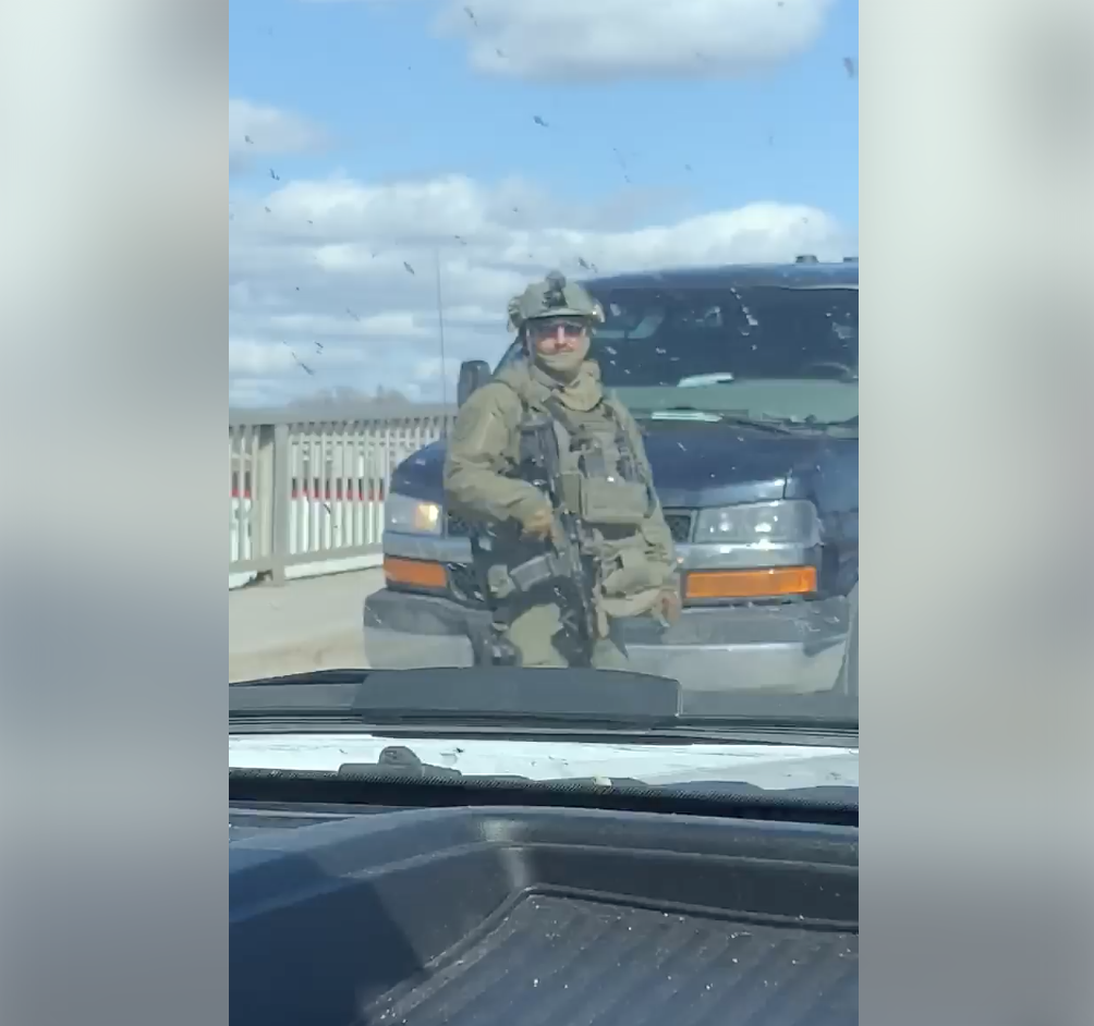 An OPP Tactical Rescue Unit officer on the Campbellford Bridge in Campbellford on Saturday, April 11. OPP initiated a high-risk takedown on the bridge of a shooting suspect.