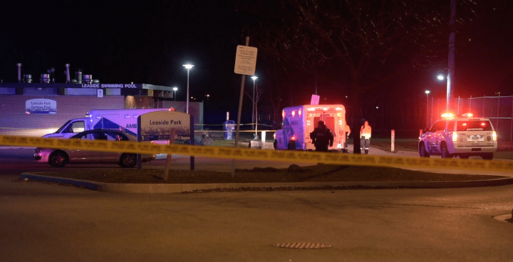 Police and paramedics at the scene of a shooting near Overlea Boulevard
and Thorncliffe Park Drive in Toronto.
