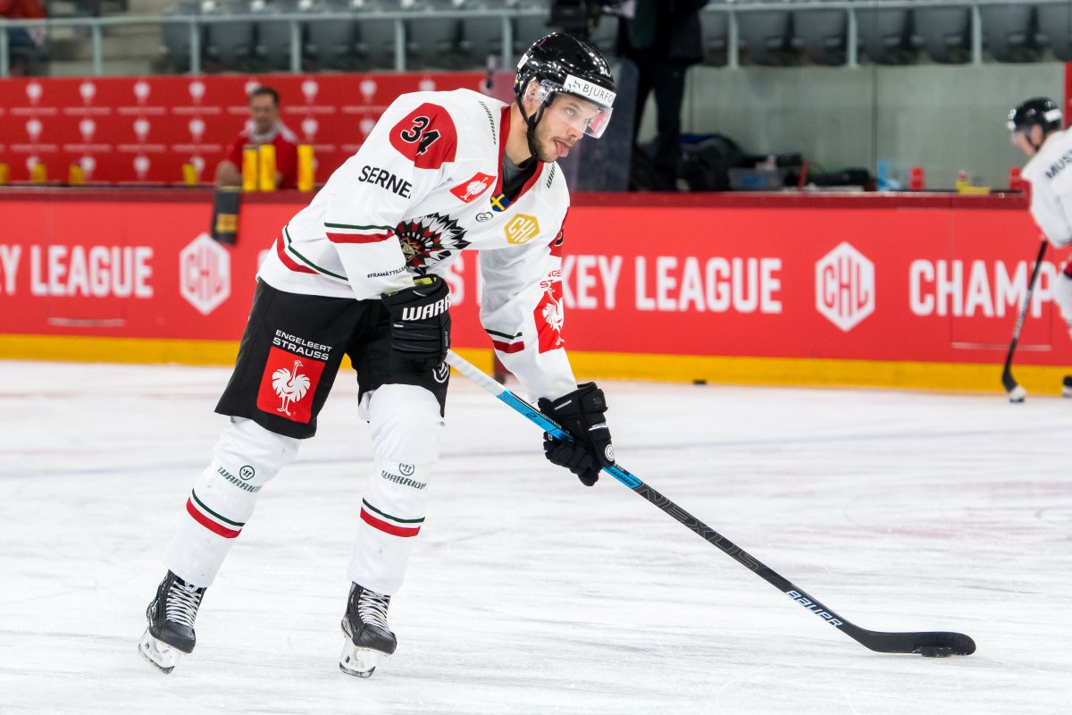 Theodor Lennstrom of Frolunda HF carries the puck during warm-up before the second quarter-finals game between EHC Biel-Bienne and Frolunda Indians at Tissot-Arena on December 10, 2019 in Biel, Switzerland. 