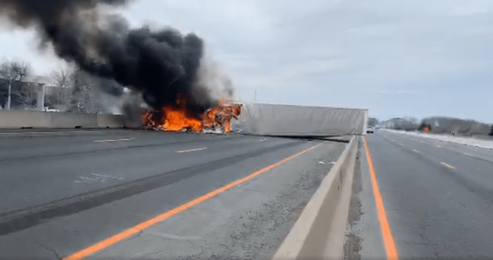The truck caught fire in a construction zone in the westbound lanes of Highway 401, police said. 