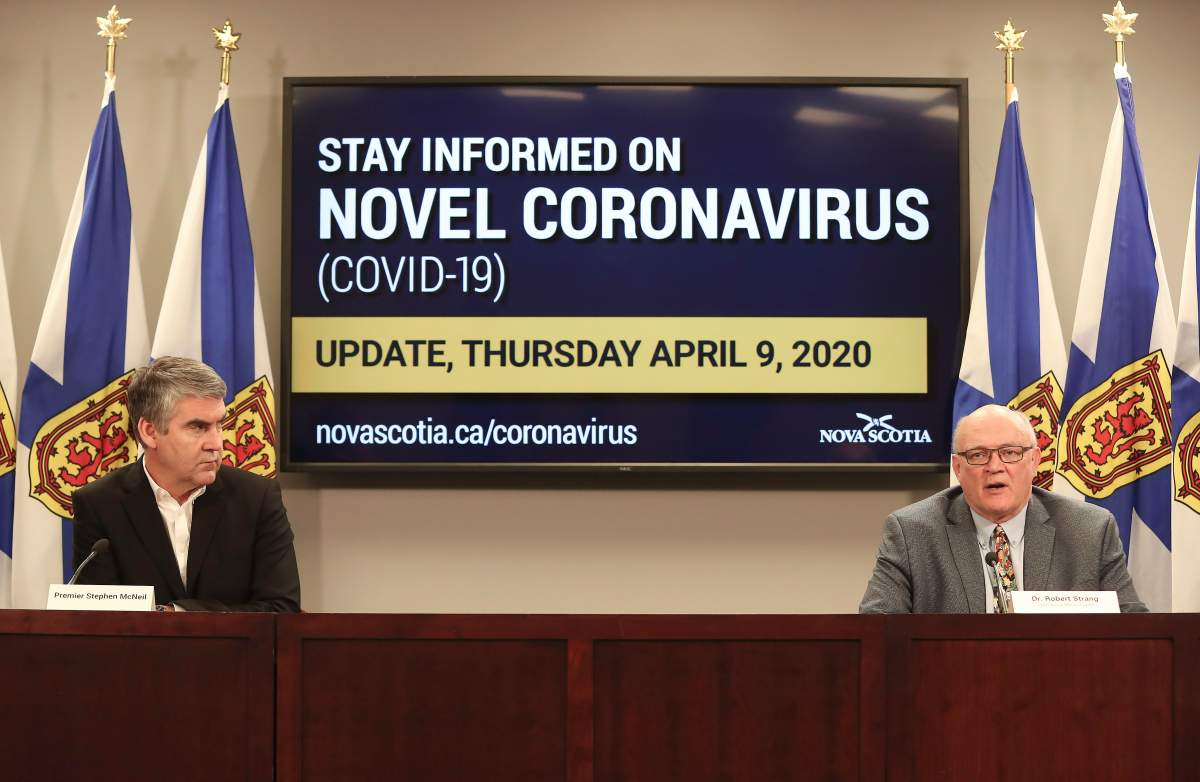 Nova Scotia Premier Stephen McNeil and chief public health officer Dr. Robert Strang speak at a press briefing in Halifax on Thursday, April 9, 2020. 