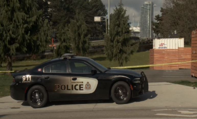 Vancouver police at the scene of a life-threatening shooting at Main Street and Union Street on April 11, 2020.