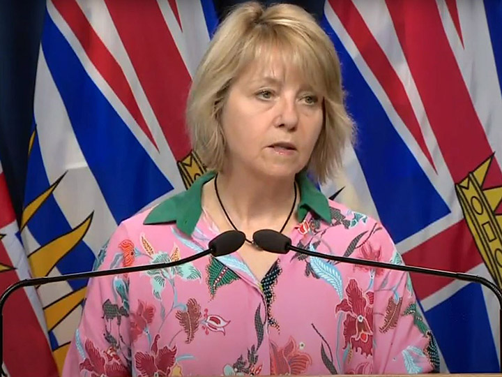 Provincial health officer Dr. Bonnie Henry looks on while releasing the latest COVID-19 statistics in British Columbia on Saturday, May 2, 2020.