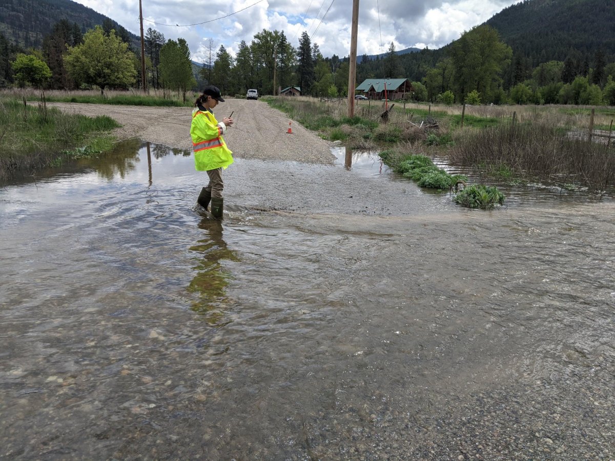 Kristina Anderson, a member of the RDKB Emergency Operations Centre Freshet Advanced Planning Team, assesses impacts from the rising Kettle River on road access to properties in Manly Meadows in Electoral Area D/Rural Grand Forks. 

