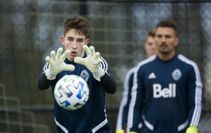 Whitecaps' Thomas Hasal (left) at a team training session in Vancouver, B.C., in January 2019.