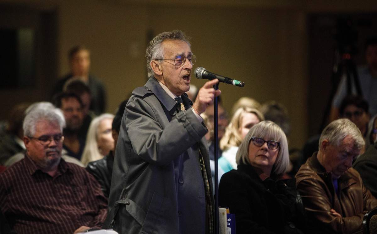 People make statements to a panel representing the Alberta government during a town hall on fair deal ideas in Edmonton on Tuesday, Dec. 3, 2019.
