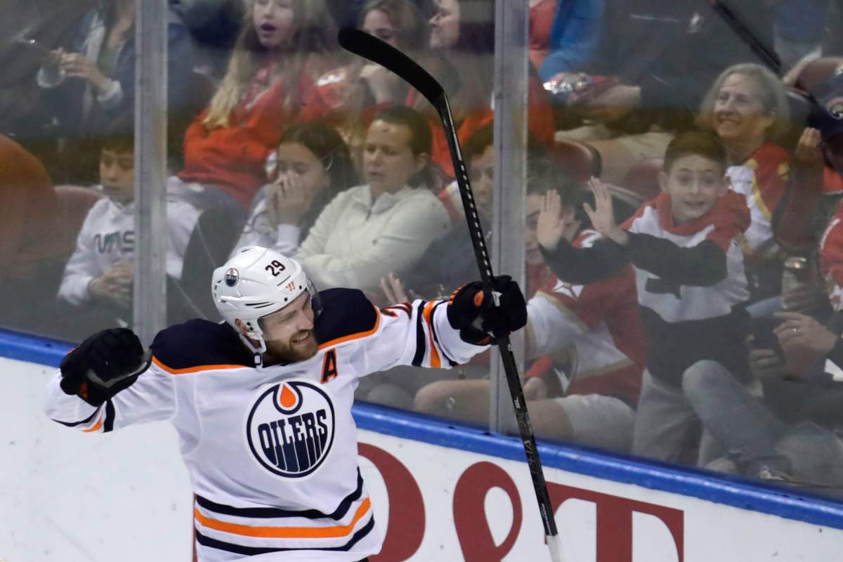 Edmonton Oilers center Leon Draisaitl (29) celebrates after scoring a goal during the third period of an NHL hockey game against the Florida Panthers, Saturday, Feb. 15, 2020, in Sunrise, Fla. (AP Photo/Lynne Sladky).