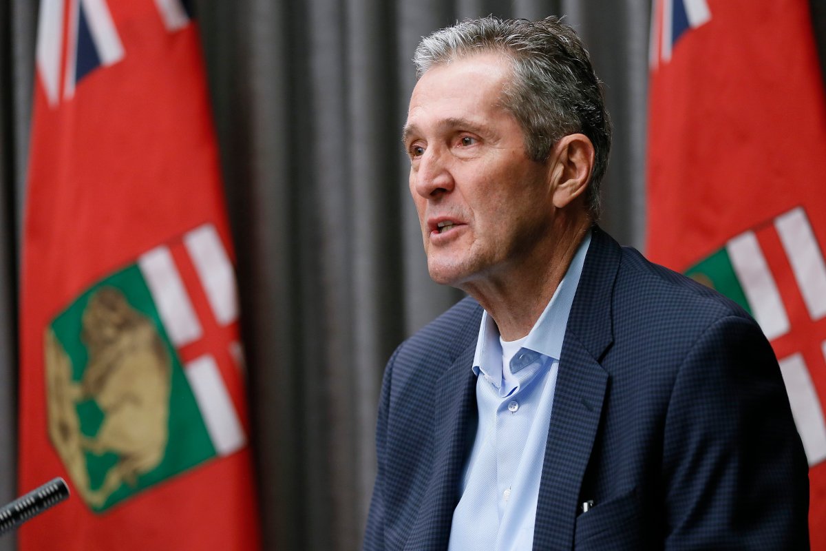 Manitoba Premier Brian Pallister speaks during a COVID-19 livestreamed press conference at the Manitoba legislature in Winnipeg, Tuesday, March 31, 2020. 