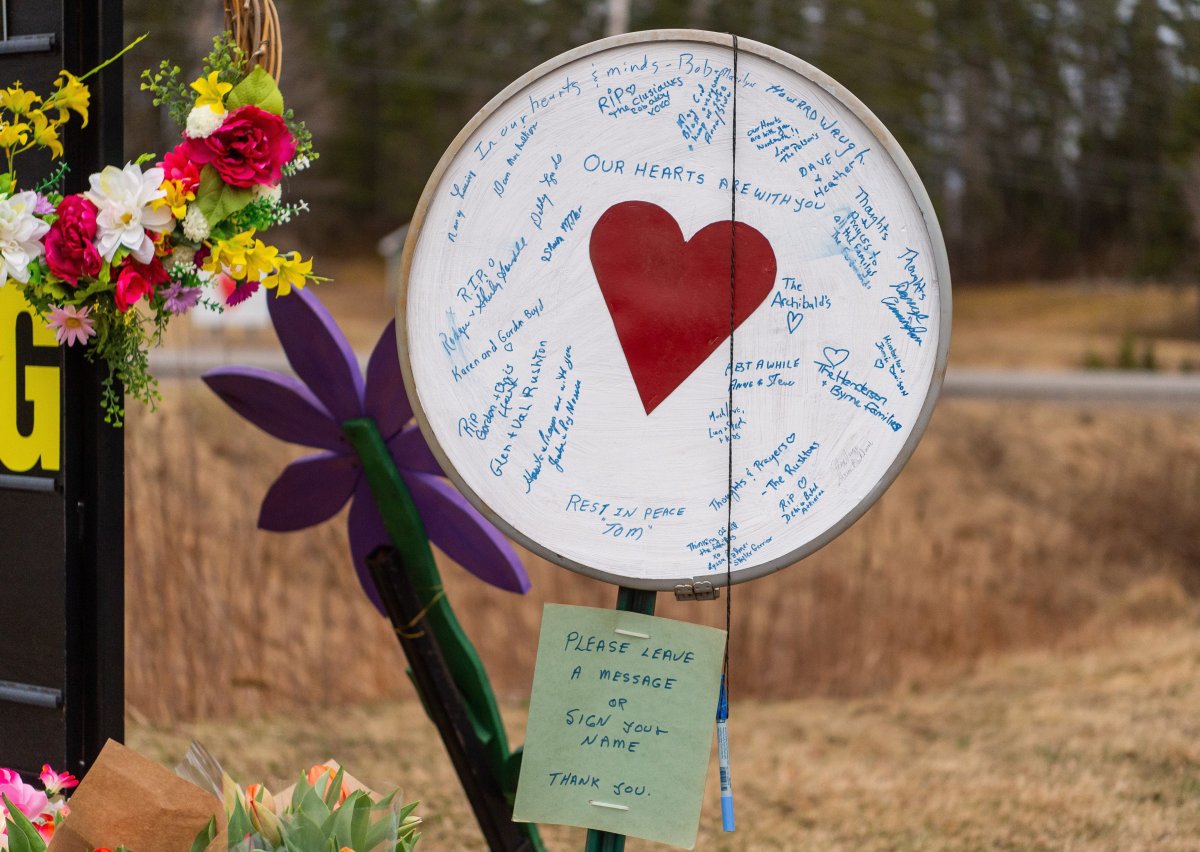 A memorial is seen at the Wentworth Recreation Centre in Wentworth, N.S. on Friday, April 24, 2020. 22 people are dead after a man went on a murderous rampage in Portapique and several other Nova Scotia communities.