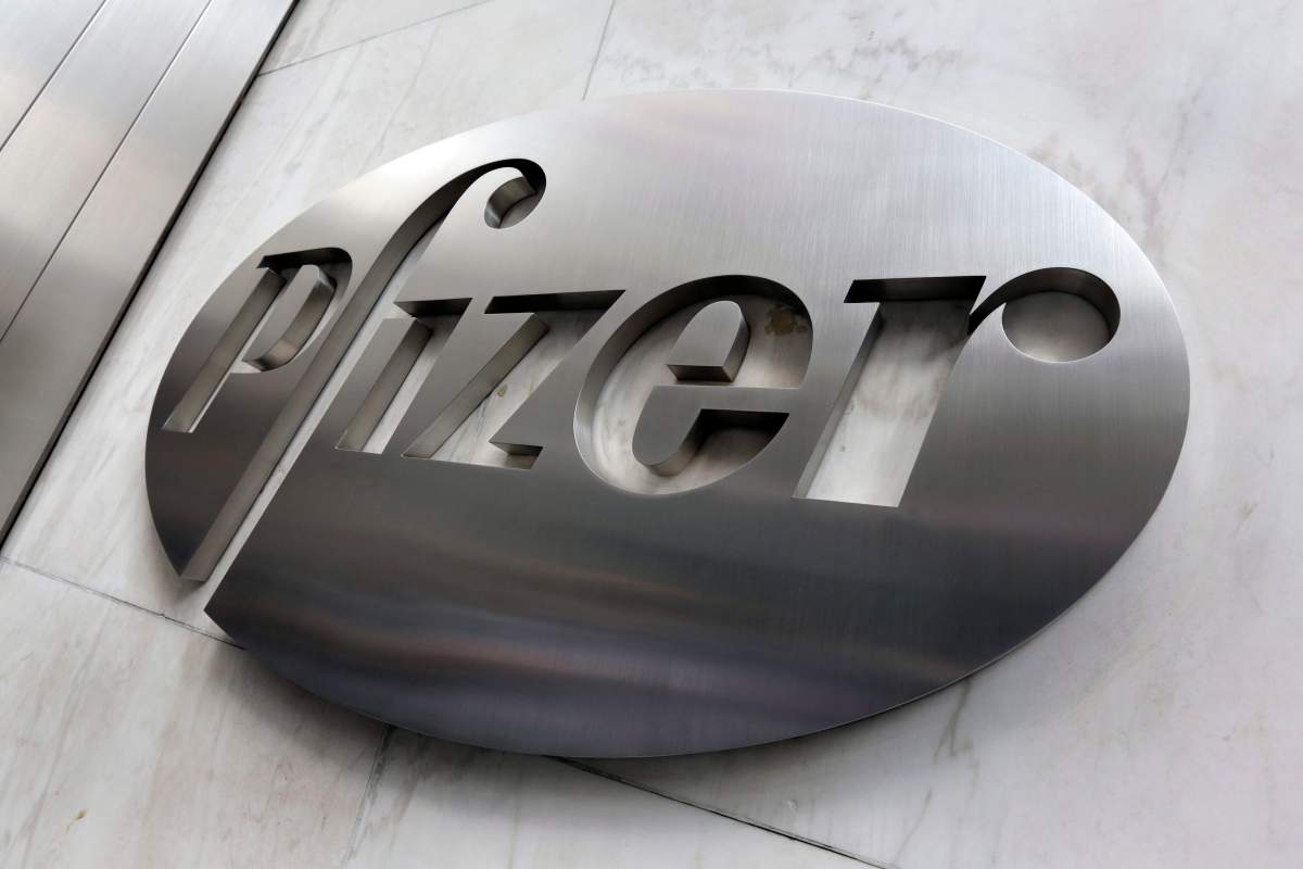 This Monday, Dec. 4, 2017, photo shows the Pfizer company logo at the company's headquarters in New York.