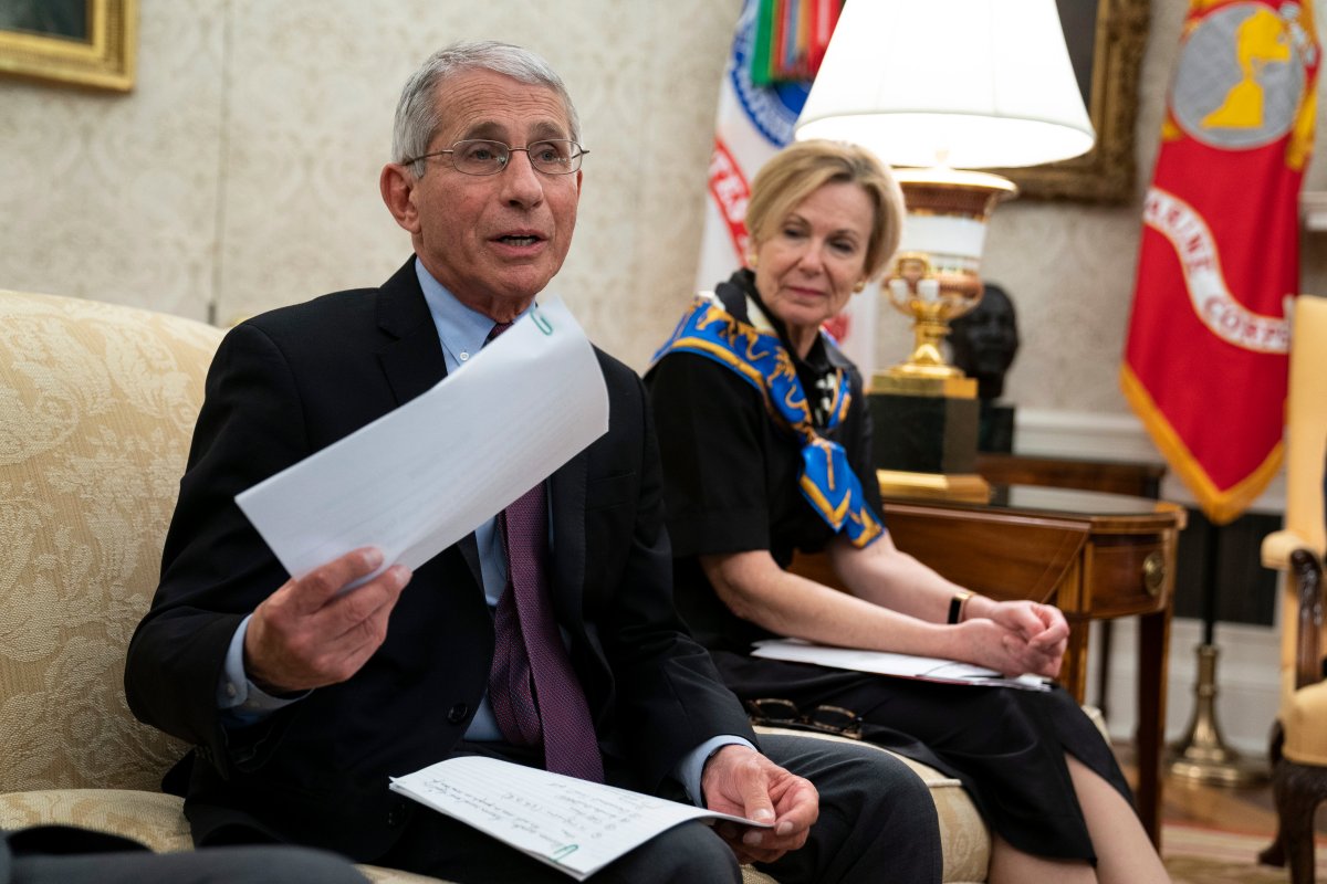 White House coronavirus response coordinator Dr. Deborah Birx listens as director of the National Institute of Allergy and Infectious Diseases Dr. Anthony Fauci speaks during a meeting between President Donald Trump and Gov. John Bel Edwards, D-La., about the coronavirus response, in the Oval Office of the White House, Wednesday, April 29, 2020, in Washington.