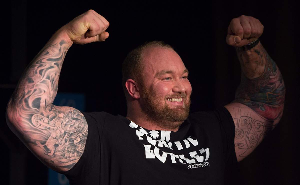 Icelandic actor Hafthor Bjornsson poses during a promotional event for a water bottle company in Hamburg, Germany, on April 11, 2016.