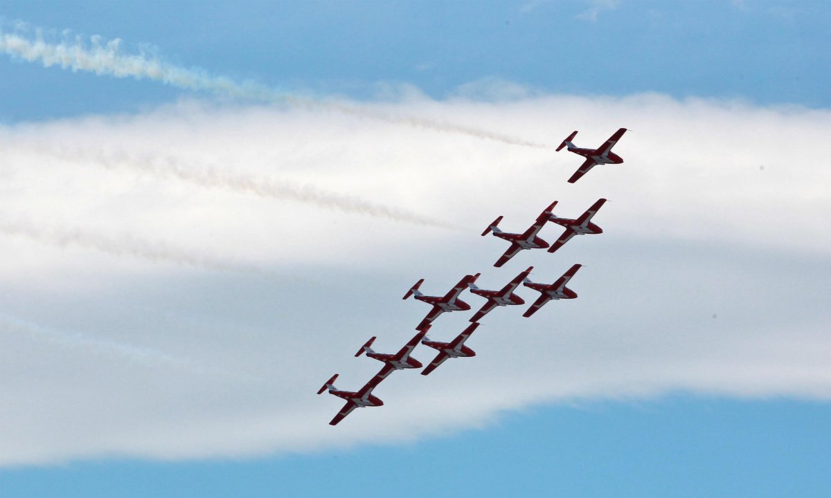 The Canadian Armed Forces aerobatic team, the Snowbirds, flies over Halifax, Sunday, May 3, 2020.