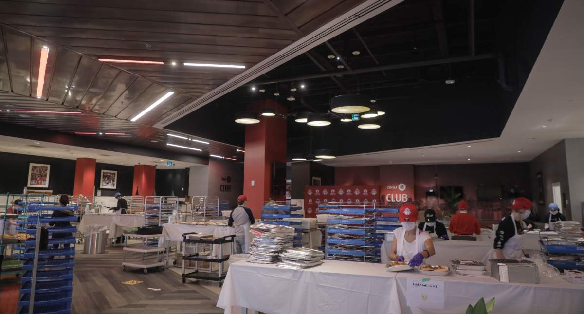 Meals are assembled at BMO Club at BMO Field in Toronto in a handout photo. Having already turned Scotiabank Arena into a giant kitchen, Maple Leaf Sports & Entertainment is adding BMO Field to the cooking mix.