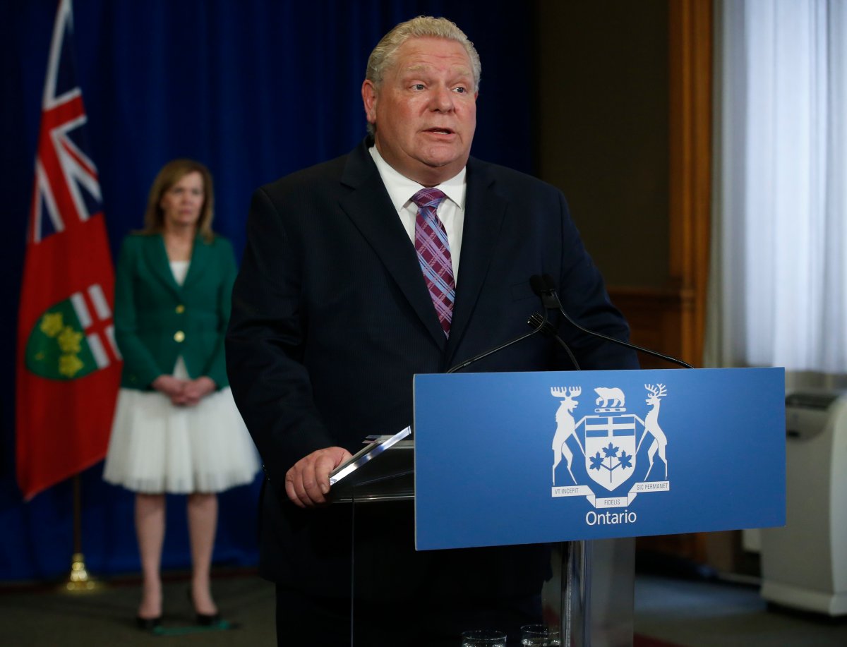 Ontario Premier Doug Ford speaks at his daily briefing at the Ontario Legislature at Queen's Park in Toronto, Ont., on Tuesday, May 19, 2020.