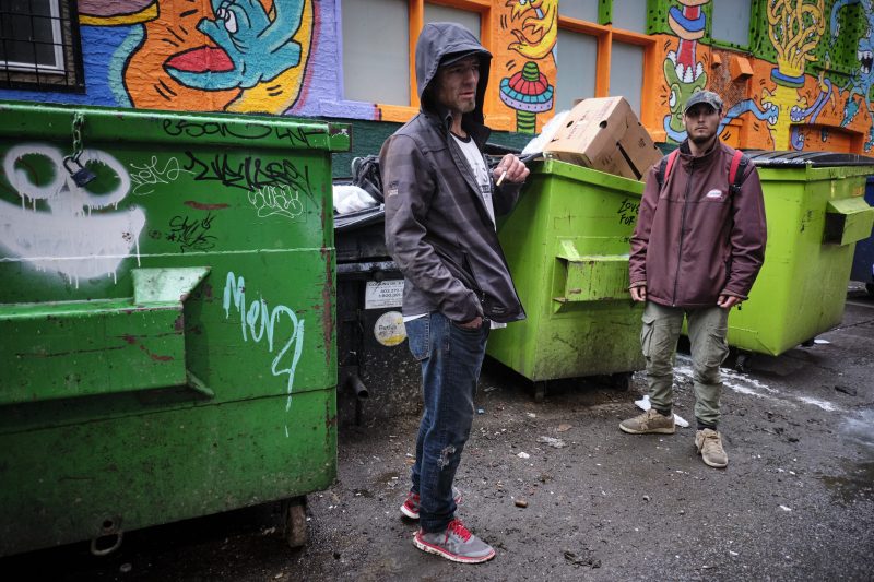 Gordon Kelter, left, who is homeless in Calgary, Alta., Wednesday, May 20, 2020, amid a worldwide COVID-19 pandemic.