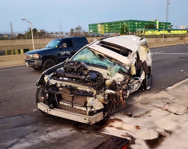 A photo of the SUV after a crash along Highway 401 at Westney Road in Ajax.